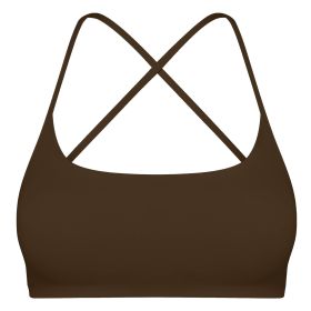 Women Cross Back Sport Bras Padded Strappy Crop Open Back Low Impact Bras Sexy Fitness Tank Tops with Removable Pads Thin Straps for Gym Yoga Workout (Option: Brown_S_4931)
