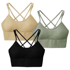 3Packs Women Cross Back Sport Bras Padded Strappy Medium Support Bras Sexy Fitness Tank Tops with Removable Pads for Gym Yoga Workout Running (Option: GN_BK_BGE_L)