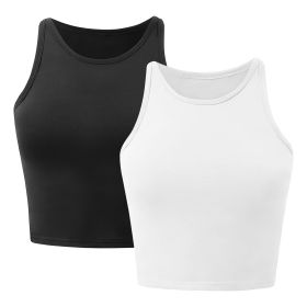 Women Sleeveless Cropped Tank Top High Neck Crop Racer Back Workout Top Machine Washable Summer S M L XL 2XL (Option: Black_WHT_M)