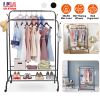 Garment Hanging Rack Clothing Hanging Rail Pillow Shoe Display Organizer Clothes Organizer Stand with 2 Rails 2 Shelves 4 Rolling Wheels 4 Hooks