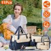 11Pcs Baby Nappy Diaper Bags Set for Mom Dad Mummy Shoulder Bags Multifunctional Diaper Handbags with Food Bag Bottle Bag Diaper Pad Burp Cloth 2 Hook